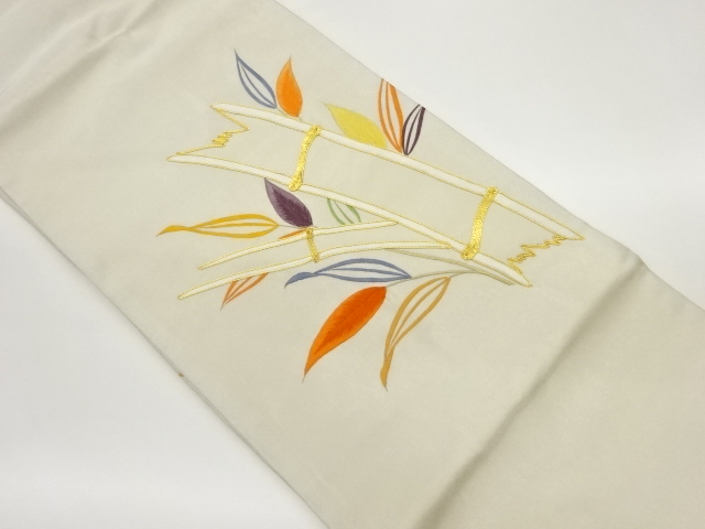 銀駒刺繍抽象竹模様名古屋帯
